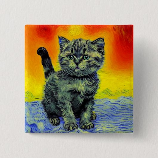 Van Gogh Style Cat Sunset Beach Button (Vorderseite)