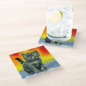Van Gogh Style Cat Sunset Beach Glasuntersetzer (Schrägansicht)