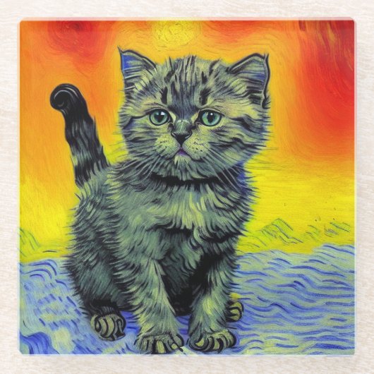 Van Gogh Style Cat Sunset Beach Glasuntersetzer (Vorderseite)