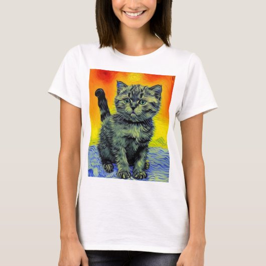 Van Gogh Style Cat Sunset Beach T-Shirt (Vorderseite)