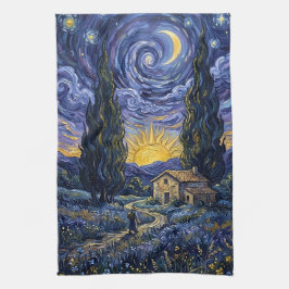 Van Gogh Style Cypress Dusk Midnight Moon Geschirrtuch