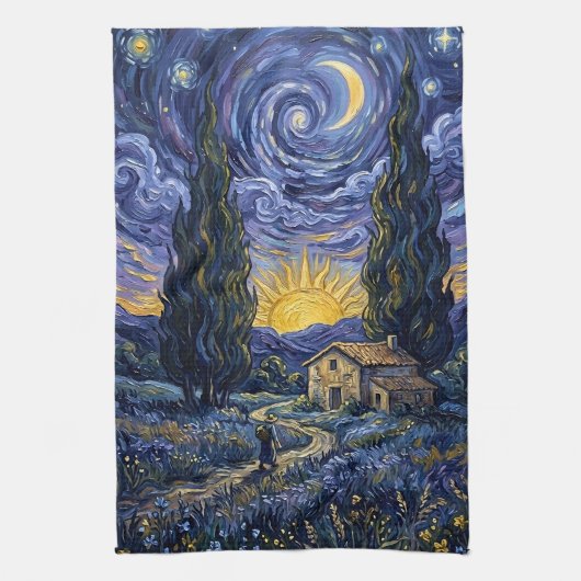 Van Gogh Style Cypress Dusk Midnight Moon Geschirrtuch (Vertikal)