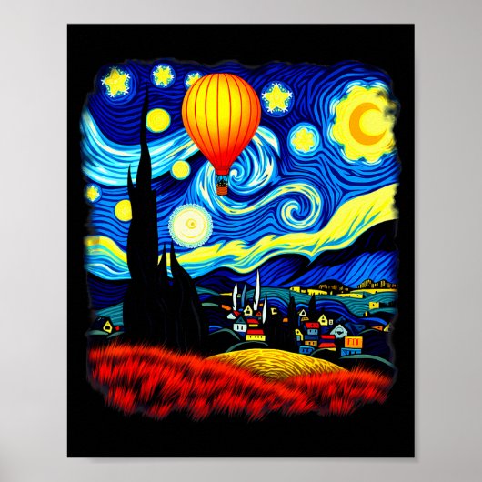 Van Gogh Style Hot Air Balloon Starry Night  Poster (Vorne)
