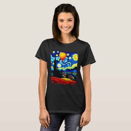 Van Gogh Style Hot Air Balloon Starry Night T-Shirt (Vorne ganz)
