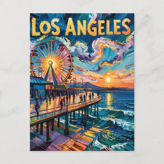 Van Gogh Style Los Angeles Pier Sunset Travel Postkarte (Vorderseite)