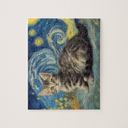 Van Gogh Style Starry Night Cat Puzzle (Vertikal)