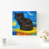 Van Gogh Style Starry Night Cat Quadratische Wanduhr (Zuhause)