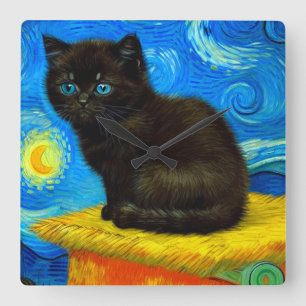 Van Gogh Style Starry Night Cat Quadratische Wanduhr