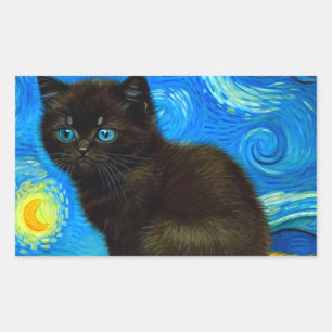Van Gogh Style Starry Night Cat Rechteckiger Aufkleber