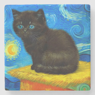 Van Gogh Style Starry Night Cat Steinuntersetzer