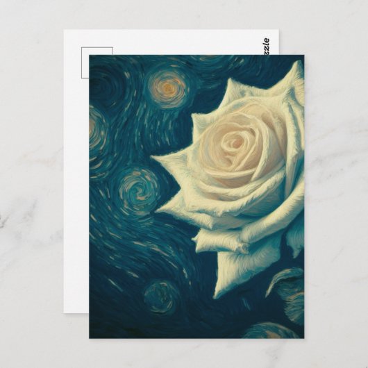 Van Gogh Style White Rose auf der Starry Night Postkarte (Vorne/Hinten)