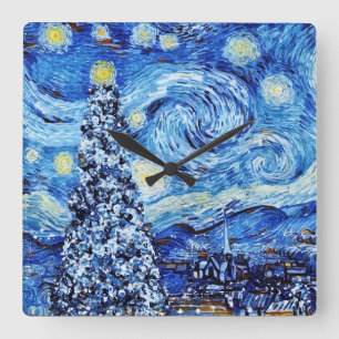 Van Gogh - The Starry Night - White Christmas Quadratische Wanduhr