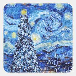 Van Gogh - The Starry Night - White Christmas T-Sh Quadratischer Aufkleber
