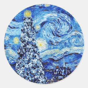 Van Gogh - The Starry Night - White Christmas T-Sh Runder Aufkleber