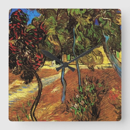 Van Gogh Trees im Garten, Saint Paul Hospital Quadratische Wanduhr (Vorderseite)