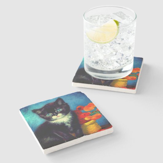 Van Gogh Tuxedo Cat Steinuntersetzer (Seitenansicht)