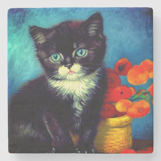 Van Gogh Tuxedo Cat Steinuntersetzer (Vorderseite)