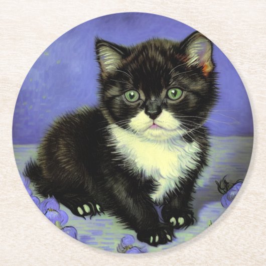 Van Gogh Tuxedo Kitten Runder Pappuntersetzer (Vorderseite)