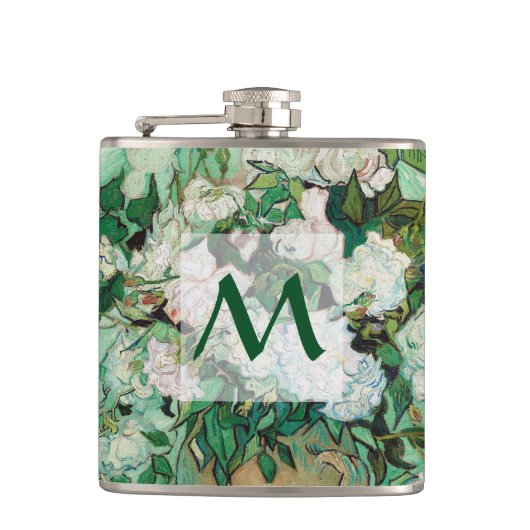 Van Gogh Vase mit Pink Roses Floral Art Monogramm Flachmann (Vorderseite)