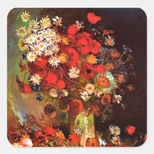 Van Gogh - Vasen mit Mohn, Kornblumen, Pfingstrose Quadratischer Aufkleber