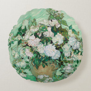 Van Gogh Vasen mit rosa Rosen Vintage-Blumenkunst Rundes Kissen