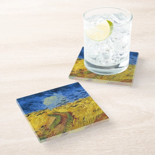 Van Gogh Wheat Fields impressionistisches Gemälde Glasuntersetzer (Schrägansicht)