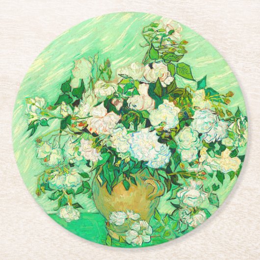 Van Gogh White Roses Runder Pappuntersetzer (Vorderseite)