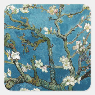 Van- Goghmandel blüht Vintages Blumenblau Quadratischer Aufkleber