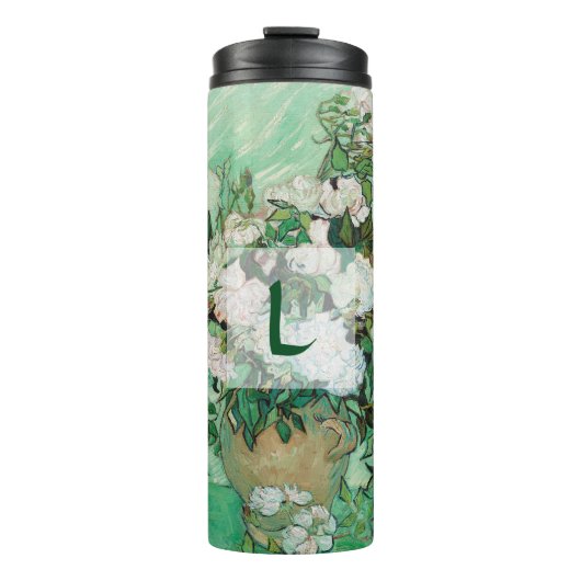 Van- Goghvase mit rosa Rosen-Blumenkunst-Monogramm Thermosbecher (Vorderseite)