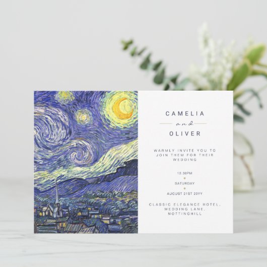 Van Gough Starry Night Wedding Einladung QR Code U (Stehend Vorderseite)