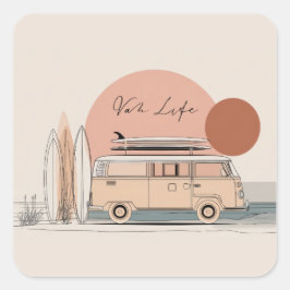 Van Life Surf Van – Retro Beach Camper Aesthetic Quadratischer Aufkleber