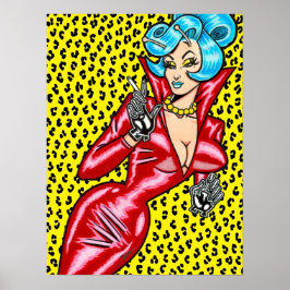 Vana DeVinyl™/Rotes Vinyl-Kleid/Gelber Leopard Poster