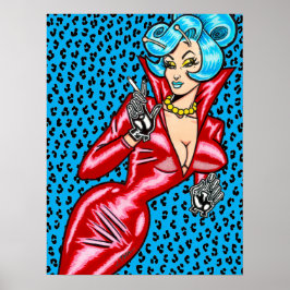 Vana DeVinyl™/rotes Vinylkleid/blaue Leoparden Poster