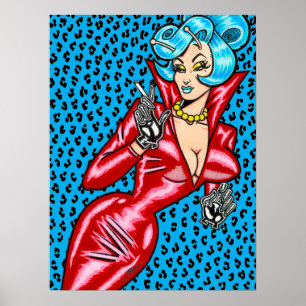 Vana DeVinyl™/rotes Vinylkleid/blaue Leoparden Poster