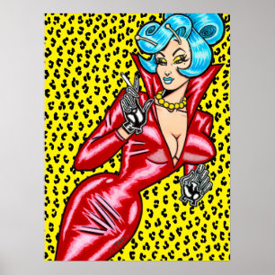 Vana DeVinyl™/rotes Vinylkleid/gelber Leopard Poster