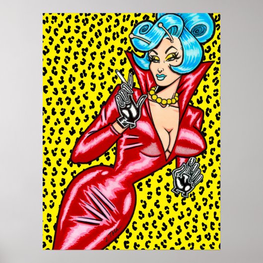 Vana DeVinyl™/rotes Vinylkleid/gelber Leopard Poster (Vorne)