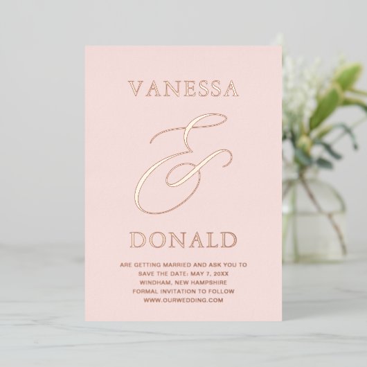 Vanessa Blush Pink Moderne Hochzeit retten das Dat Folieneinladung (Stehend vorne)