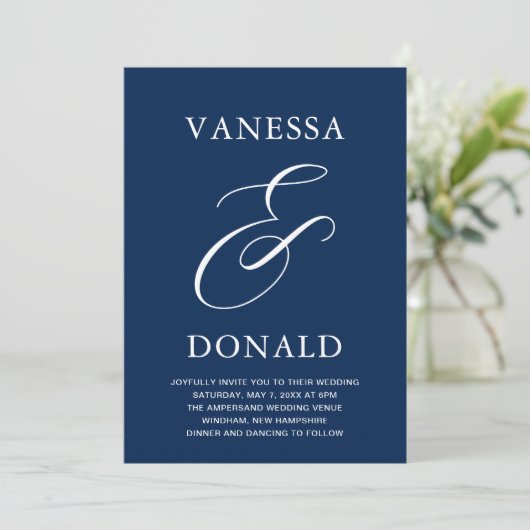 Vanessa Navy Blue Modern Wedding Einladung (Stehend Vorderseite)