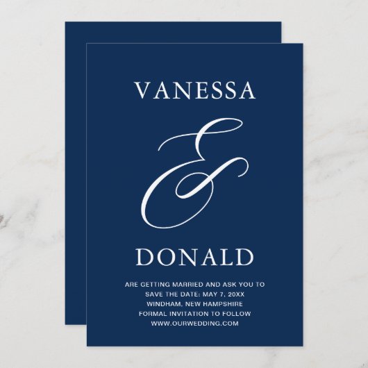 Vanessa Navy Blue Modern Wedding Save The Date (Vorne/Hinten)