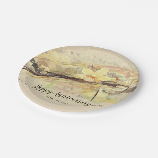 Vanilla Orchid Blume Abstrakte Art Kalligrafie Pappteller (Schrägansicht)