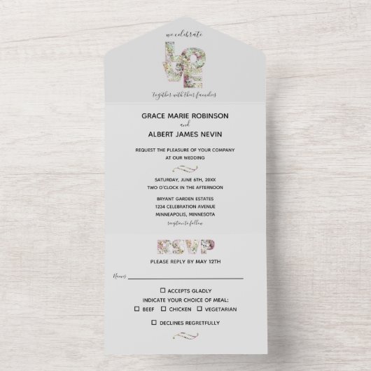 Vanilla Strawberry Hydrangeas Wedding Theme All In One Einladung (Innen Boden)