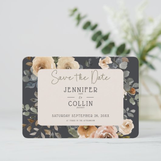 Vanilla White Boho Rose Blue Wedding Save The Date (Stehend Vorderseite)