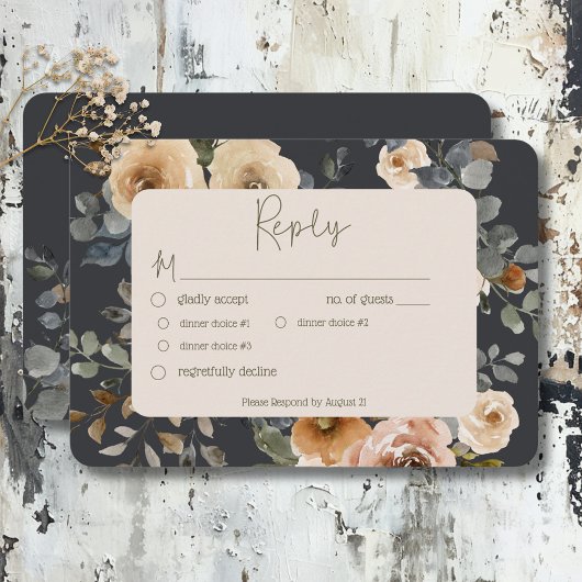 Vanilla White Boho Rose Blue Wedning Dinner RSVP Karte