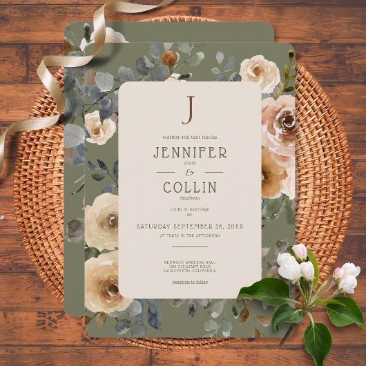 Vanilla White Boho Rose Sage Wedding Einladung