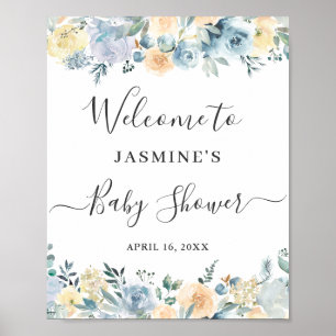 Vanille-blaue florale Babyparty-Willkommensschild Poster
