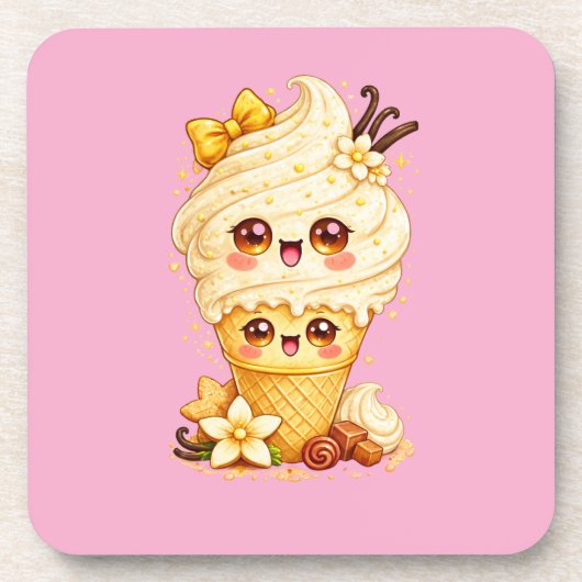 Vanille-Eiscreme-Kegel Kawaii-Set Getränkeuntersetzer (Vorderseite)