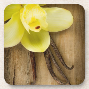 Vanilleschoten und Blüte auf Holzuntergrund Untersetzer