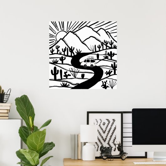 VANLIFE Desert Cacti Mountain Explore Adventure Poster (Heimbüro)