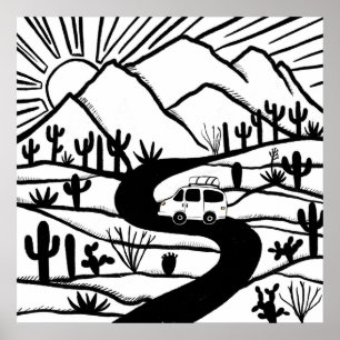 VANLIFE Desert Cacti Mountain Explore Adventure Poster
