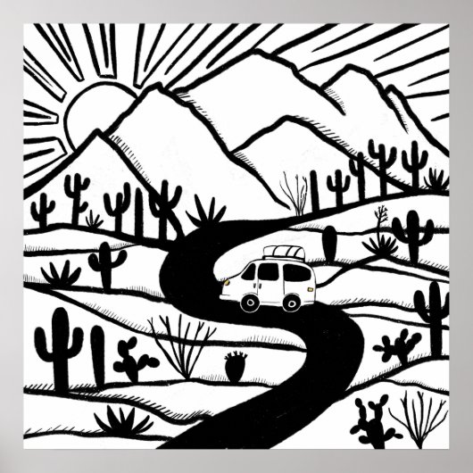 VANLIFE Desert Cacti Mountain Explore Adventure Poster (Vorne)
